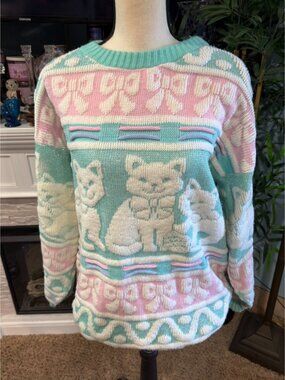 Vintage Cat Kitty Knit Pastel Rose Sweater Womens LG Novelty 3D USA 80s Acrylic